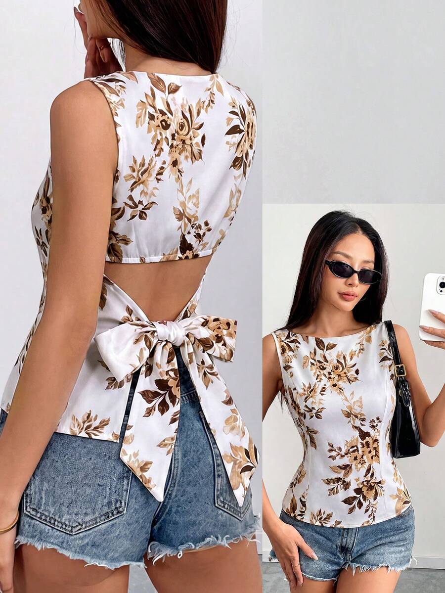 SHEIN 純色修身無袖露背綁帶蝴蝶結短版襯衫,優雅休閒性感極簡風,適合辦公商務,春夏女款上衣 - 黃色 - 查看 1