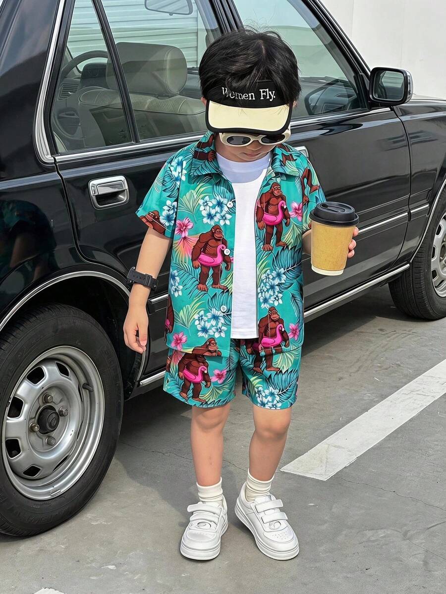 SHEIN 男童热带植物印花短袖衬衫短裤套装 儿童夏季套装 两件套 - 綠色 - 查看 1