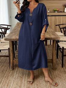 Breezaya Plus Size Casual Solid Color Dress Fall - Navy Blue - View 5