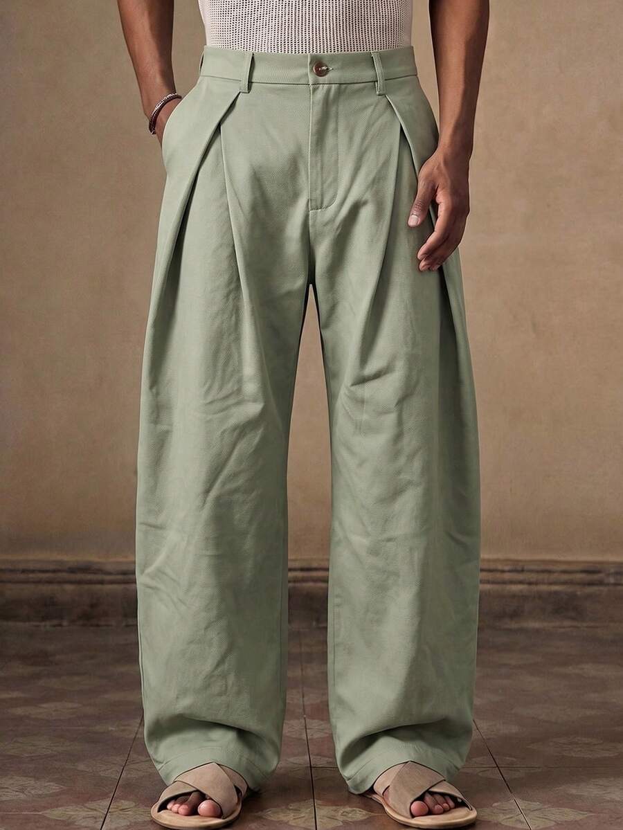 Vientiro Men's Casual Versatile Commute Solid Color Curved Leg Pants - Mist Green - View 1