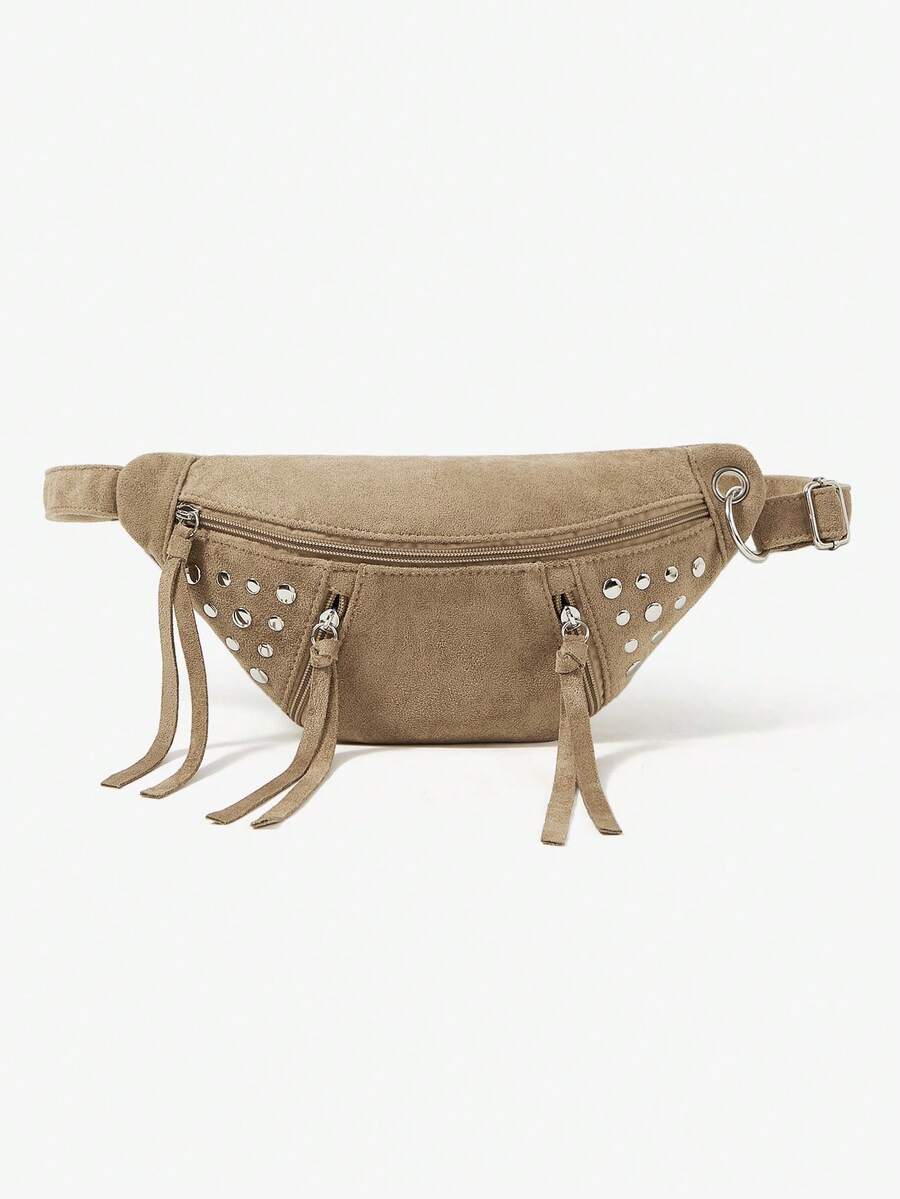 Viva Strut Ladies Retro Rivets Suede Waist Bag/Chest Bag, Fashionable, Personalized, Simple, Versatile, Street, Sweet And Cool Girls Y2k, For Daily, Shopping - Khaki suede - View 1