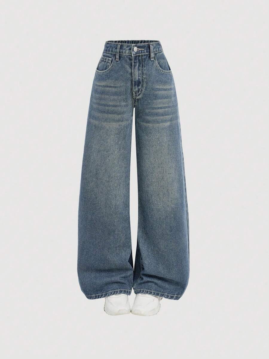 SHEIN Girlism 青少年女孩休閒水洗寬腿牛仔長褲 - 中等水洗藍 - 查看 1