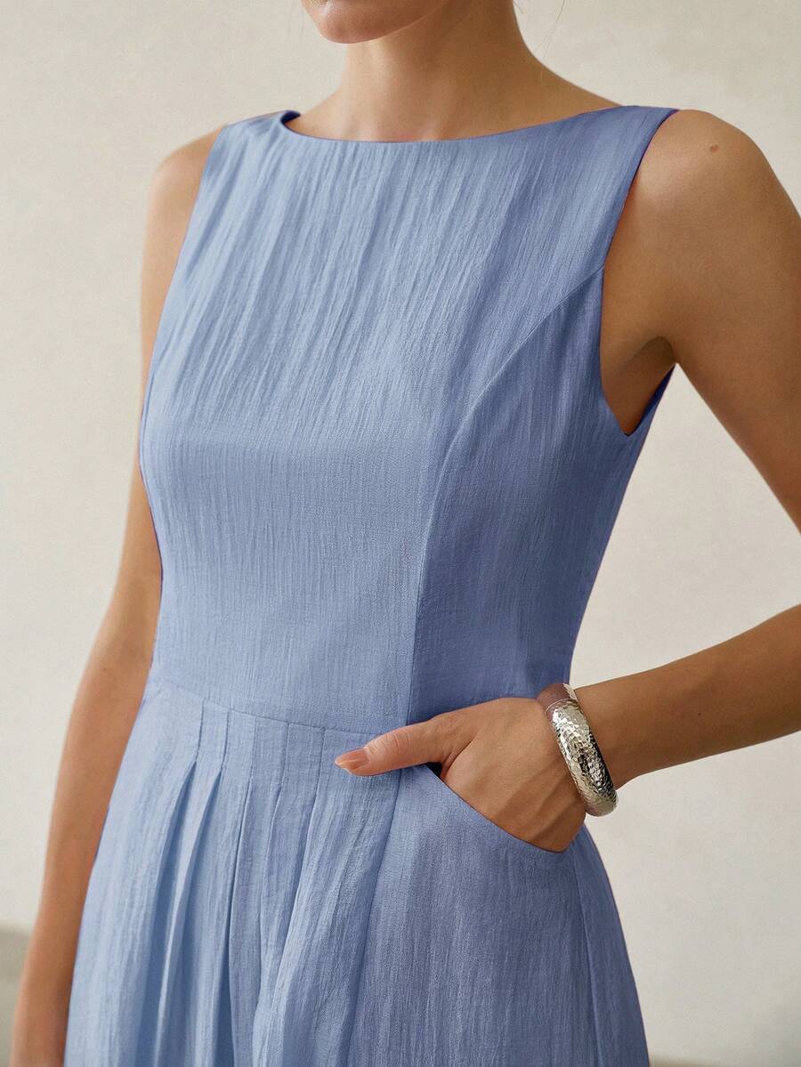 MOTF PREMIUM WOMEN SUMMER SOLID SLEEVELESS FOLD PLEATED DRESS - Sky Blue - View 2