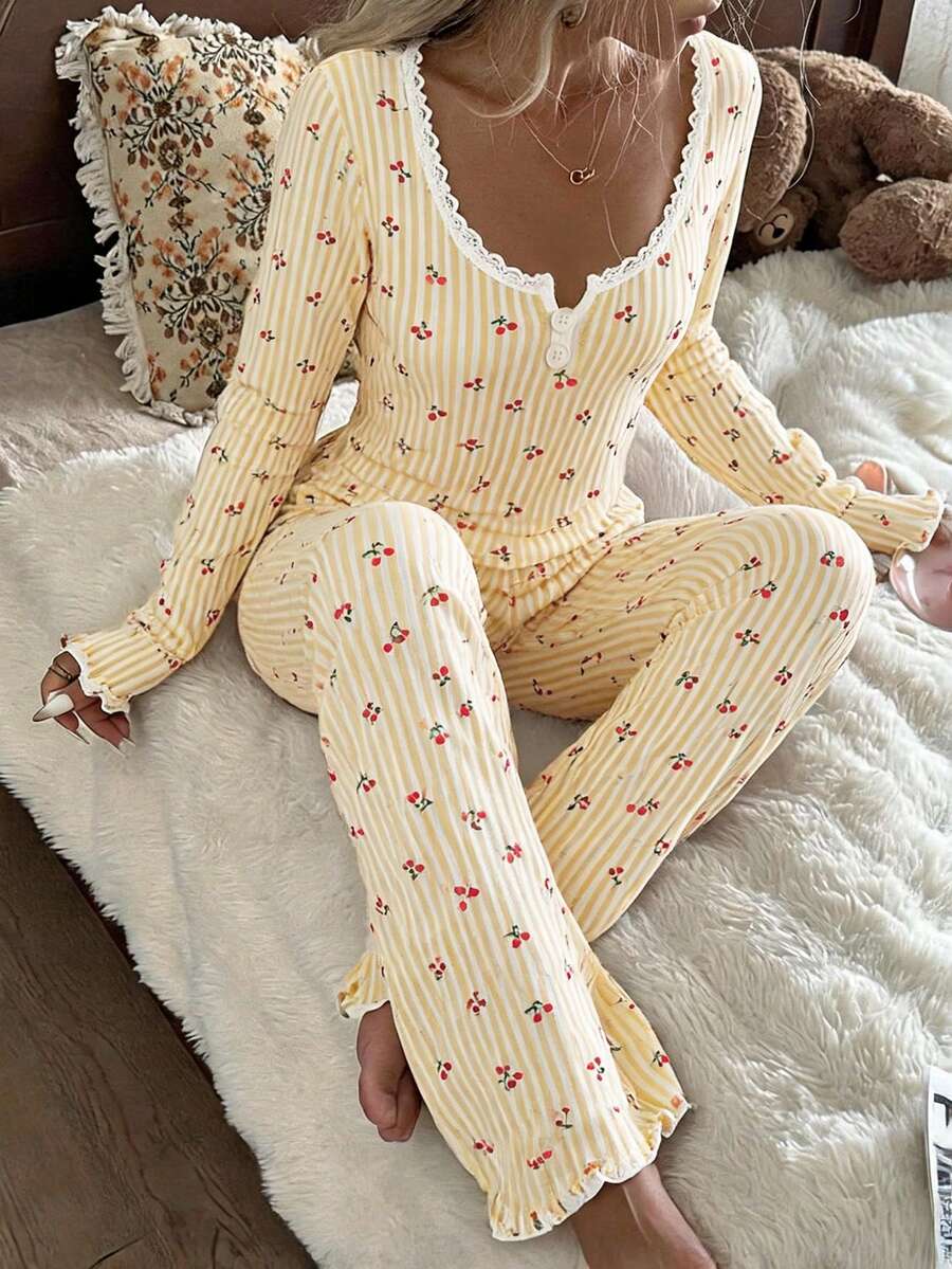 CottageSlumber Lace Trim Square Neck 2-Button Romantic Striped Cherry Print Long Sleeve Pants Pajama Set - Yellow - View 1