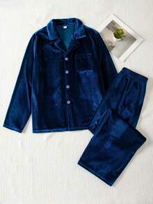 SHEIN Royal Blue Lapel Cardigan Velvet Pajamas For Teen Boys, Simple Solid Color Pocket Loose Drape Autumn/Winter Home Wear 2 Pieces Set - Navy Blue - View 1
