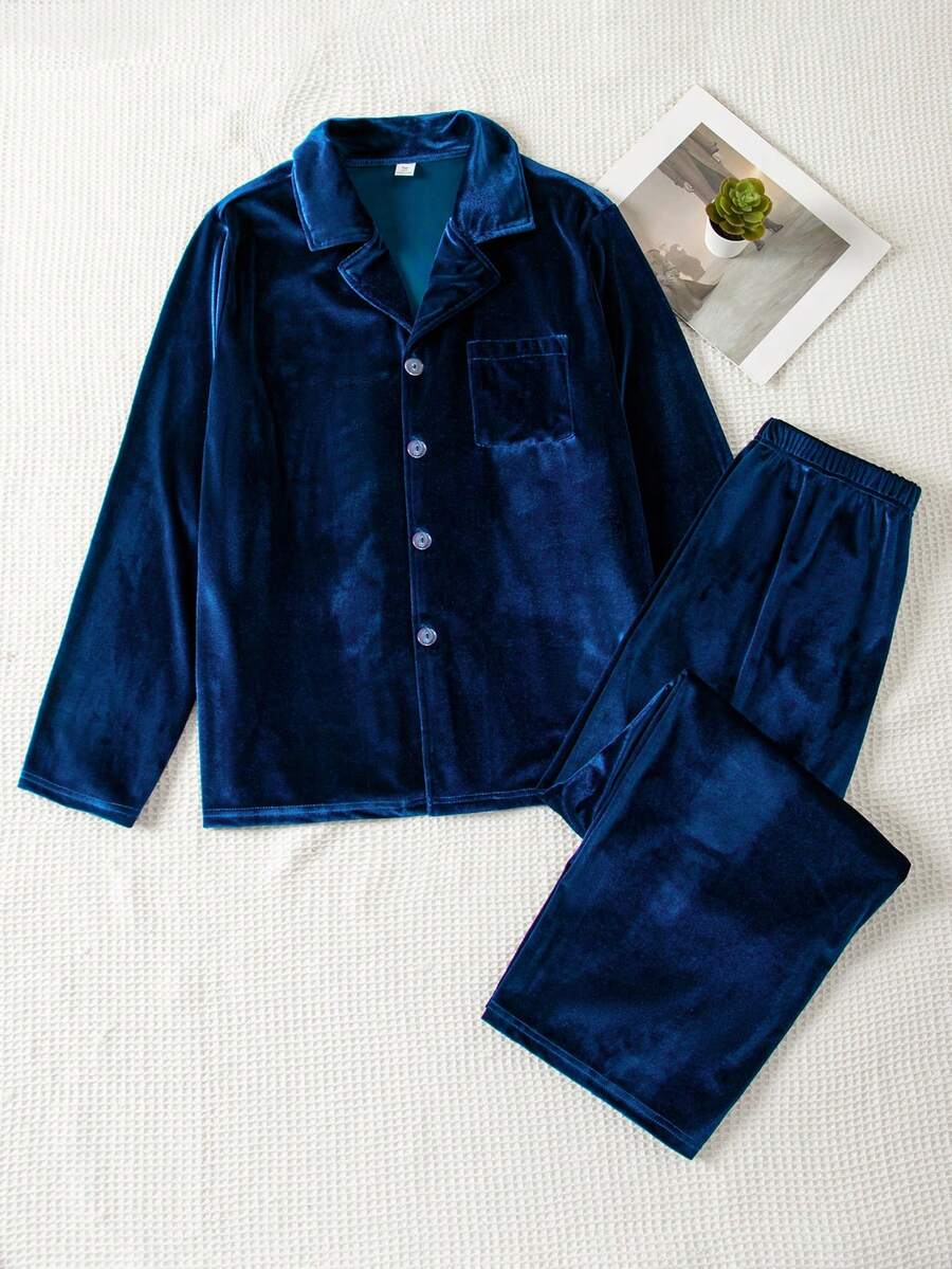 SHEIN Royal Blue Lapel Cardigan Velvet Pajamas For Teen Boys, Simple Solid Color Pocket Loose Drape Autumn/Winter Home Wear 2 Pieces Set - Navy Blue - View 1