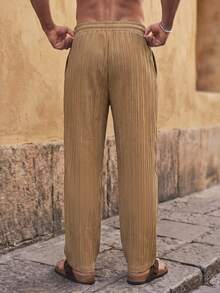 HIMLAND Men's Casual Solid Color Drawstring Waist Pants For Vacation - Khaki - View 2