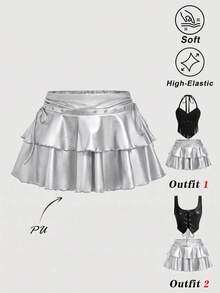 SHEIN MOD Plus Size Summer Fashion Ruffle Skirt Fall - Silver - View 1