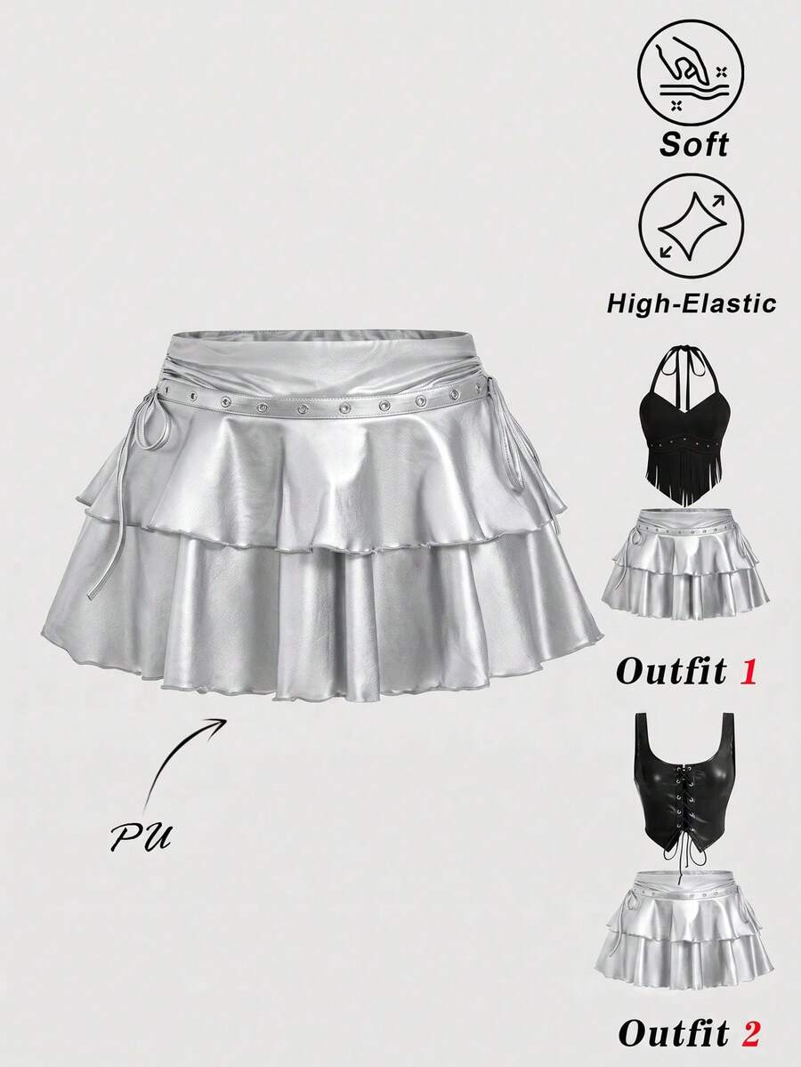 SHEIN MOD Plus Size Summer Fashion Ruffle Skirt Fall - Silver - View 1