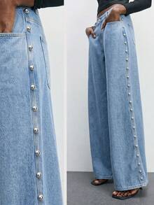 Maija Women's Casual Washed Beaded Decor Wide Leg Jeans Fall - Light Wash - View 2