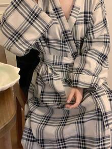 女款多圖案V領裹身式浴袍，長袖自綁帶寬鬆居家服，附口袋，輕盈透氣夏季居家晨袍 M-XL - 彩色 - 查看 6