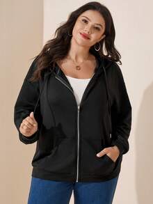 Comfylo Plus Size Women's Solid Color Long Sleeve Zipper Front Drawstring Casual Hooded Jacket Winter - Black - View 5