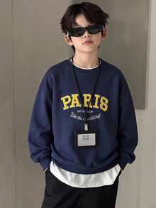 Dazy Kids Round Neck Loose Casual Letter Embroidery Long Sleeve Sweatshirt Top Autumn Boys (Large) - Navy Blue - View 1