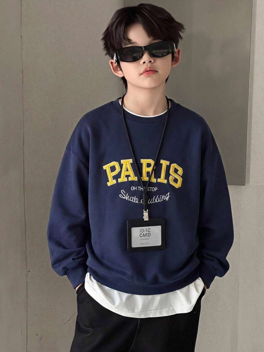 Dazy Kids Round Neck Loose Casual Letter Embroidery Long Sleeve Sweatshirt Top Autumn Boys (Large) - Navy Blue - View 1