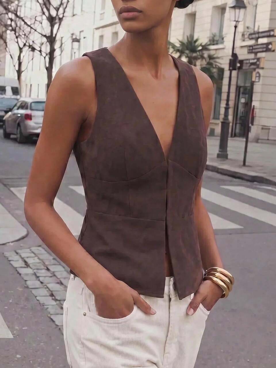 SHEIN Maija Dark Brown V-Neck Sleeveless Women's Top Summer Waist-Defining Urban Minimalist Parisian Casual Vacation Brunch Everyday Travel Halloween