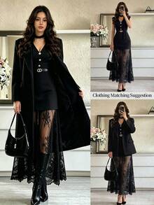 Elenzga Spring/Summer Fashion Lace Button Waist-Cinched Simple Versatile Commuter Elegant Dress - Black - View 9
