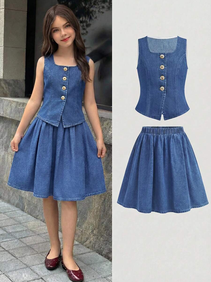 SHEIN Tween Girl Single-Breasted Top Kids And Elastic Waist Pleated Skirt Casual Daily Denim Set - Medium Wash - View 1