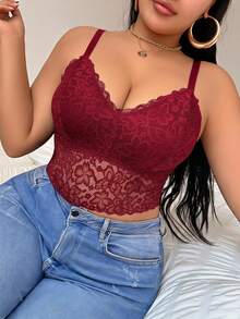 SHEIN 無線無墊性感大尺碼蕾絲內衣 - 紅色 - 查看 6