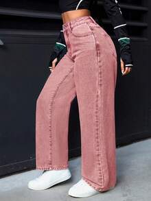 SHEIN PETITE 女款寬腿鬆垮休閒百搭牛仔褲，附口袋 - 西瓜粉 - 查看 6