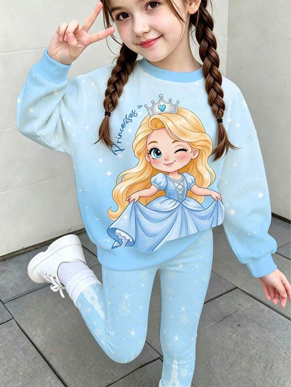 SHEIN Bộ quần áo 1 set cho bé gái trẻ trung, thoải mái, thời trang, dễ thương, ngọt ngào, họa tiết công chúa hoạt hình và in sao, áo nỉ cổ tròn kèm quần legging