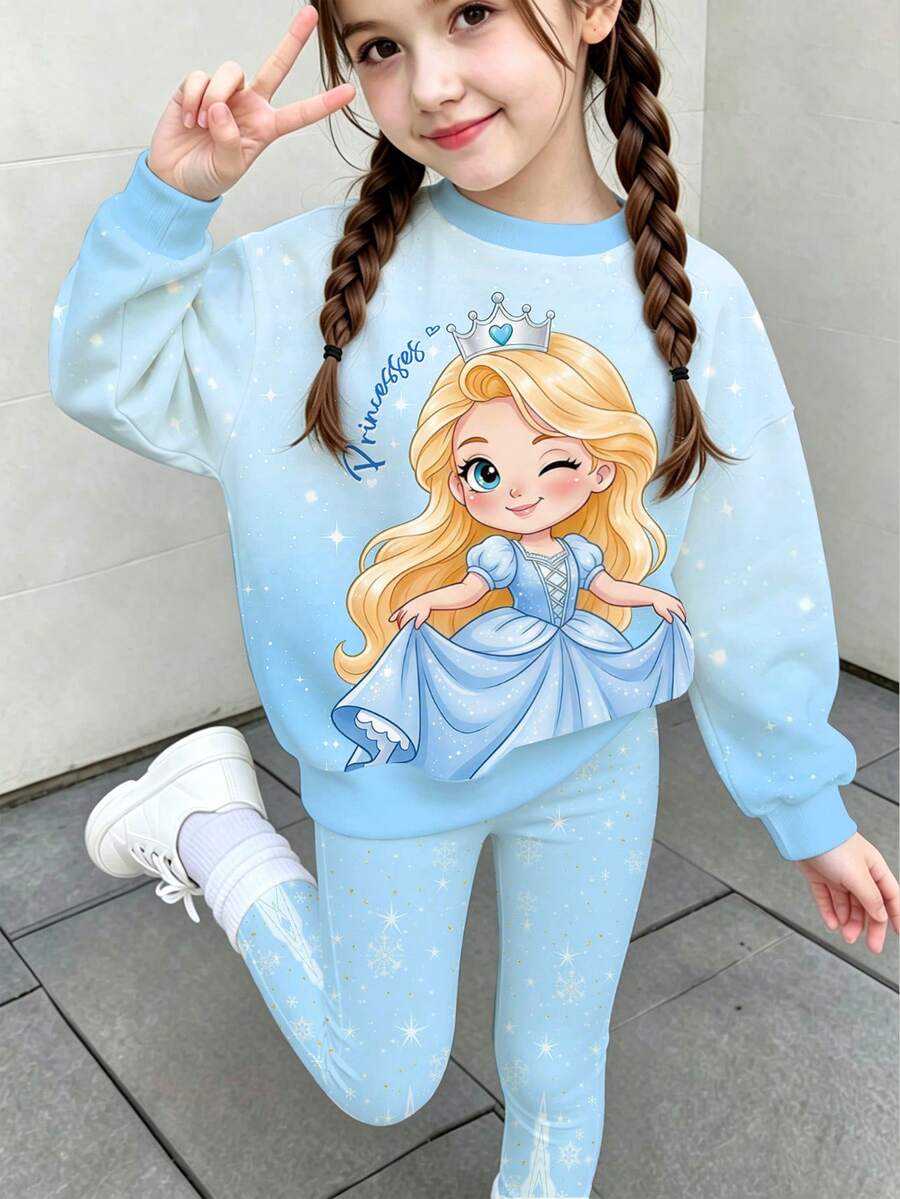 SHEIN 1套女童休閒舒適時尚清新可愛甜美卡通公主圖案與星星印花圓領衛衣搭配內搭褲套裝 - 彩色 - 查看 1
