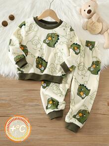 2pcs/Set Kids Young Boy Autumn/Winter Cute Casual Cartoon Dinosaur Pattern Fleece Top & Pants Loungewear Set, Fleece Set, Dinosaur Set, Loungewear Set, Boys Set - Multicolor - View 3