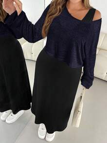 SHEIN Essnce Plus Size Women Solid Color Asymmetric Neck Long Sleeve Top And Skirt Casual Daily 2-Piece Set Fall - Navy Blue - View 5