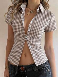 SHEIN EZwear Women's Elegant Preppy Sexy Casual Summer White And Brown Gingham Plaid Short Sleeve Button Down Shirt, Slim Fit Peplum Hem Collared Blouse, Brunch - Brown - View 4