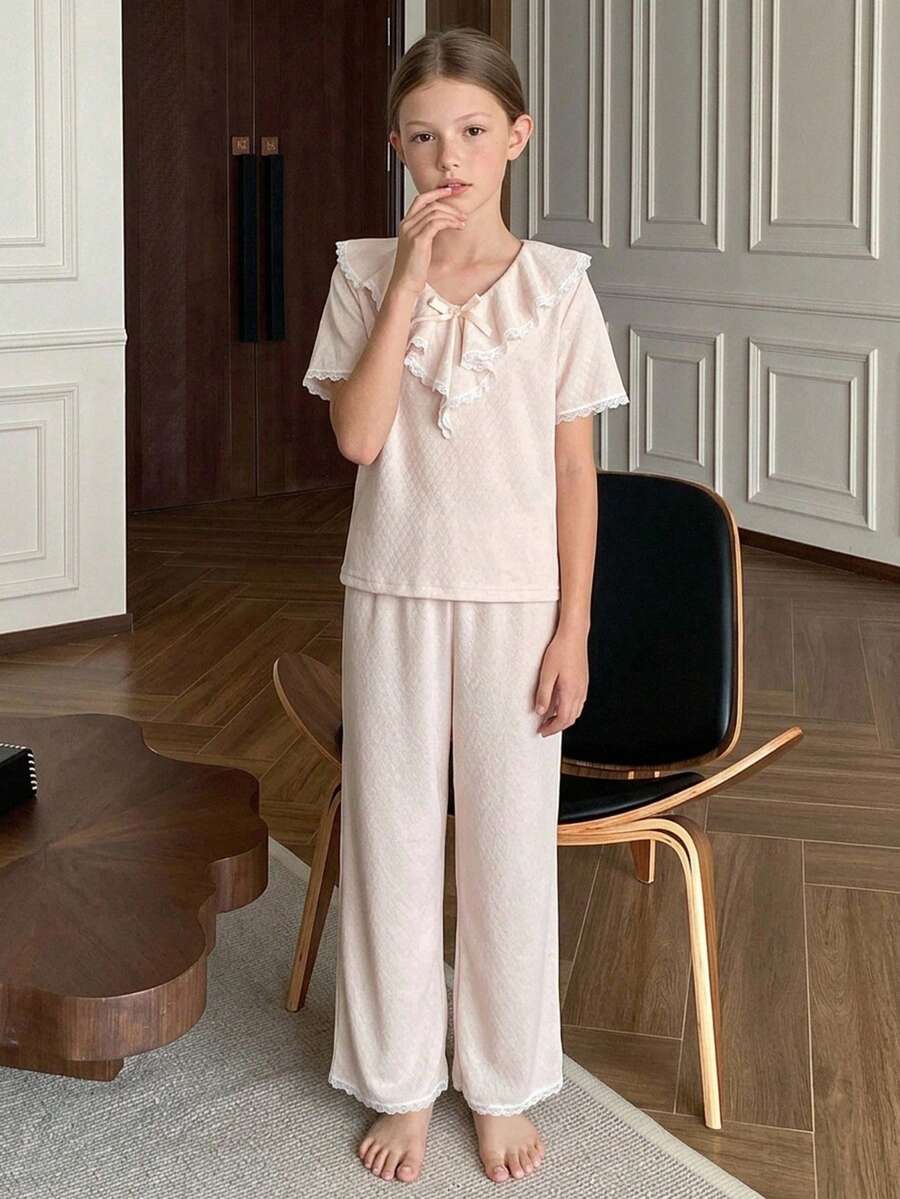 DAZY Tween Girls V-Neck Bow Decor Frill Trim Design Top And Straight Leg Pants 2 Pieces Set Loungewear - Apricot - View 1