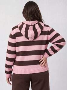 Solavibe Plus Size Light Pink Zip‑Up Hooded Knit Cardigan, Campus Daily Wear, Autumn, Back To School Formal Date Night Going Out Y2k 90s 1960s - Pink - View 3