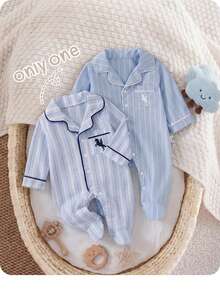 SHEIN 新生兒條紋騎士圖案印花鈕扣連身衣長褲居家服 - 藍色 - 查看 2