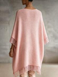 LUMIGAL Women's Solid Color V-Neck 3/4 Batwing Sleeve Contrast Lace Loose Knit Dress - Pink - View 3