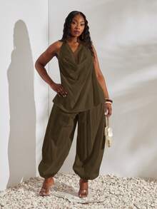 SHEIN SXY Plus Size Cowl Neck Halter Tie Top Loose Cuffed Long Pants 2 ...