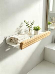 Drill-Free Wooden And Metal Floating Wall Shelf, Multi-Functional No-Drill Wall-Mounted Storage Rack, Ideal For Bathroom, Study, Kitchen, Laundry Room Decor And Organization - White - View 5