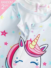 [2 Sets Random] Baby Girls Soft Knit Snug Fit Pajamas Short Sleeve & Shorts Romper Cute Multicolor Cartoon Print Casual Nightwear Spring Autumn - Multicolor - View 4