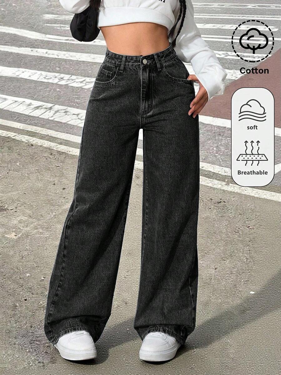 SHEIN 女童休閒日常牛仔長褲，附口袋與鈕扣設計 - 黑色 - 查看 1