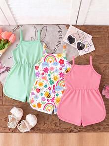 3pcs/Set Baby Girls' White Cute Summer Vacation Rainbow Cartoon Print Spaghetti Strap Round Neck Soft Comfortable Casual Versatile Rompers,2026 New - Multicolor - View 2
