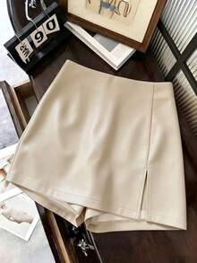 SHEIN Franclia New Leather Casual Versatile Culottes - Apricot - View 1