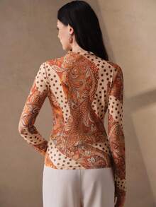 Anewsta Women's Spring/Summer Brown Tone Cashew Flower & Polka Dot Patchwork Slim Fit Sheer Mesh Long Sleeve T-Shirt, Commute, Date, Daily Layering Inner Top - Brown - View 7