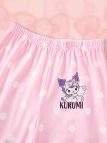 HELLO KITTY AND FRIENDS | SHEIN Tween Girl Round Neck Polka Dot Cartoon Print Short Sleeve Top And Long Pants Casual Daily Home Sleepwear Set - Purple - View 6