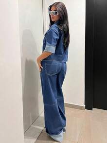 Jeanoix 女款單排扣工裝口袋休閒牛仔夾克 - 中等水洗藍 - 查看 5
