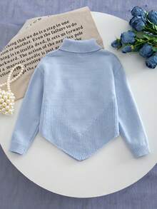 SHEIN Vintaside Kids 女童針織毛衣套裝，休閒時尚可愛藍色，花朵與蝴蝶結細節，尖擺設計，高領，柔軟舒適，適合日常、外出、旅行、度假、托兒所及兒童場景 - 藍色 - 查看 3