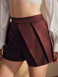 Anewsta Fashionable Modern Vintage Pleated Wide Leg Shorts With Metal Flower Button Decor For Women - Rust Brown - View 6