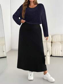 SHEIN Essnce Plus Size Women Solid Color Asymmetric Neck Long Sleeve Top And Skirt Casual Daily 2-Piece Set Fall - Navy Blue - View 3