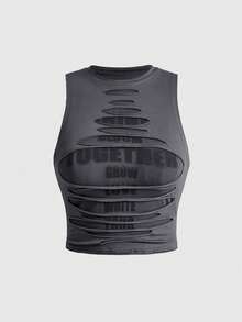 ACID BLVD Summer Spring Autumn Punk Street Y2K Distressed Letter Cutout Contrast Color Tank Top - Black - View 9