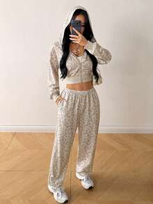 SHEIN EZwear 豹紋針織女款長袖拉鍊連帽衛衣與長褲兩件套 - 彩色 - 查看 3