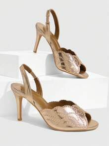 CUCCOO SZL Champagne Gold Rhinestone Stiletto Sandals Women, Open-Toed Back Strap Banquet Style High-Heeled Sandals - Champagne - View 1