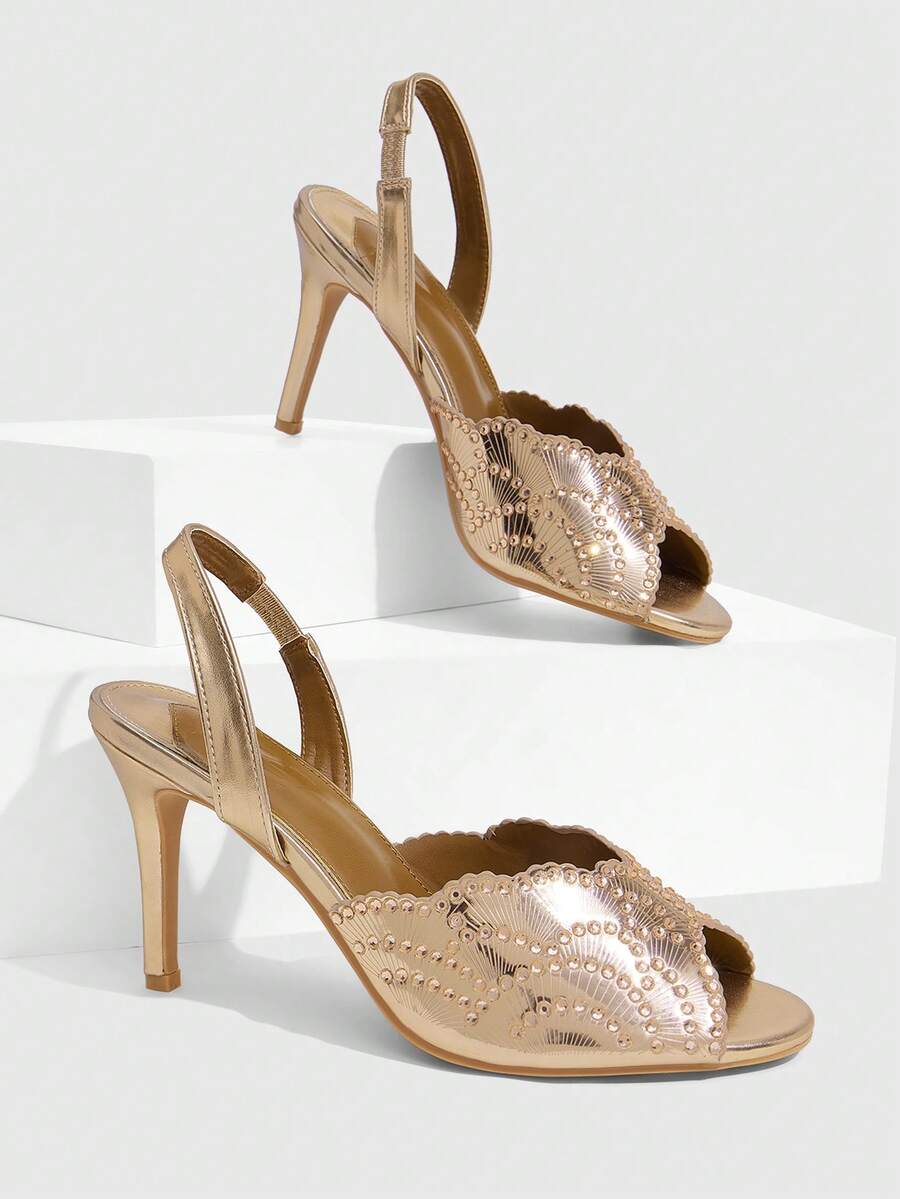 CUCCOO SZL Champagne Gold Rhinestone Stiletto Sandals Women, Open-Toed Back Strap Banquet Style High-Heeled Sandals - Champagne - View 1