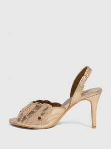 CUCCOO SZL Champagne Gold Rhinestone Stiletto Sandals Women, Open-Toed Back Strap Banquet Style High-Heeled Sandals - Champagne - View 4