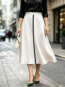 Offisola Women's Minimalist Elegant High Waist Umbrella Hem Long Skirt With Color Block Patchwork And Slanted Pockets, Suitable For Commuting And Daily Wear, Mom Style - Apricot - View 4